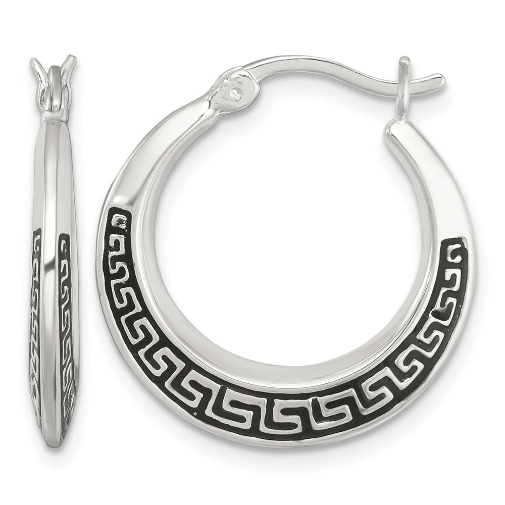 Sterling Silver Polished and Enameled Greek Key Hoop Earrings