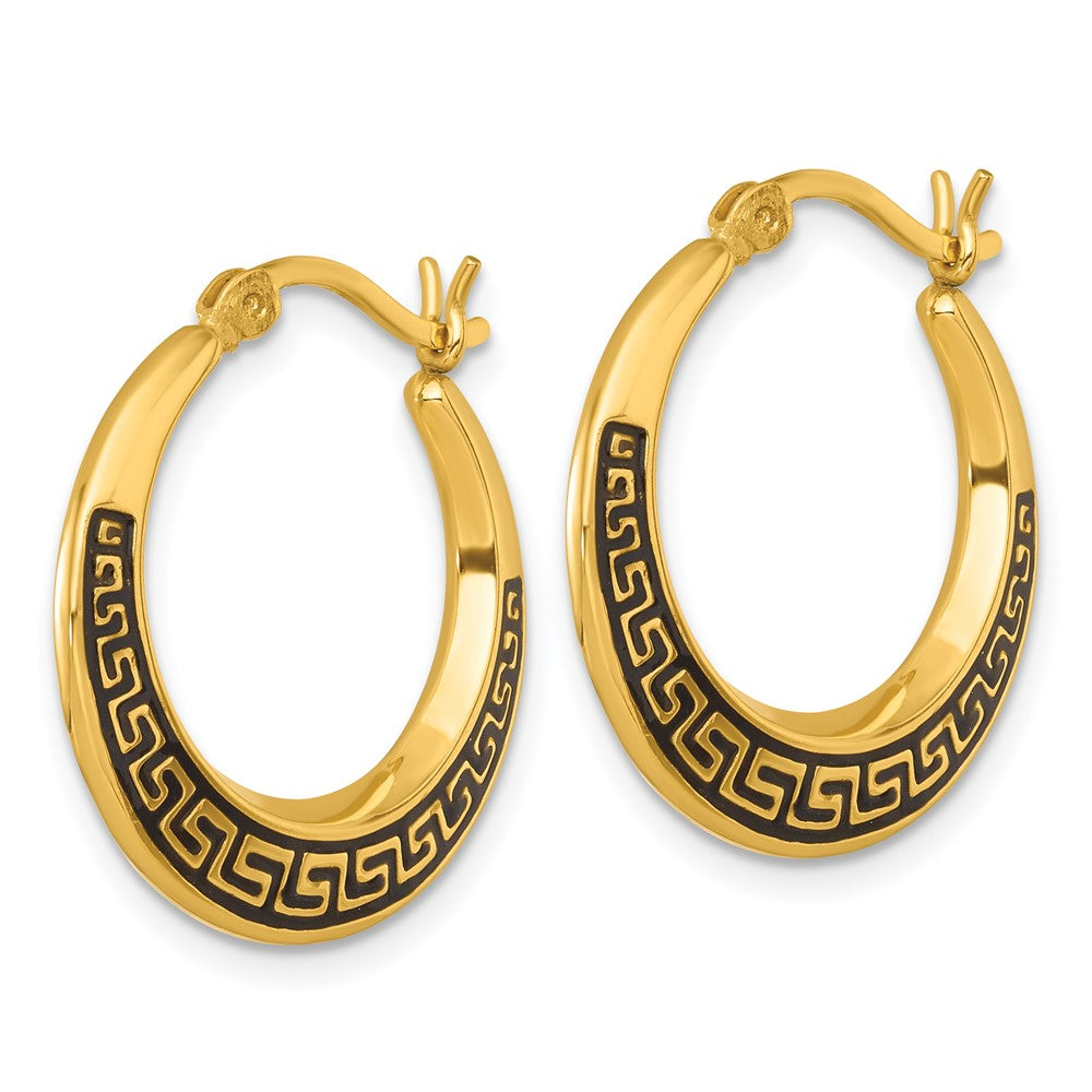 Sterling Silver Gold-tone Polished and Enamel Greek Key Hoop Earrings