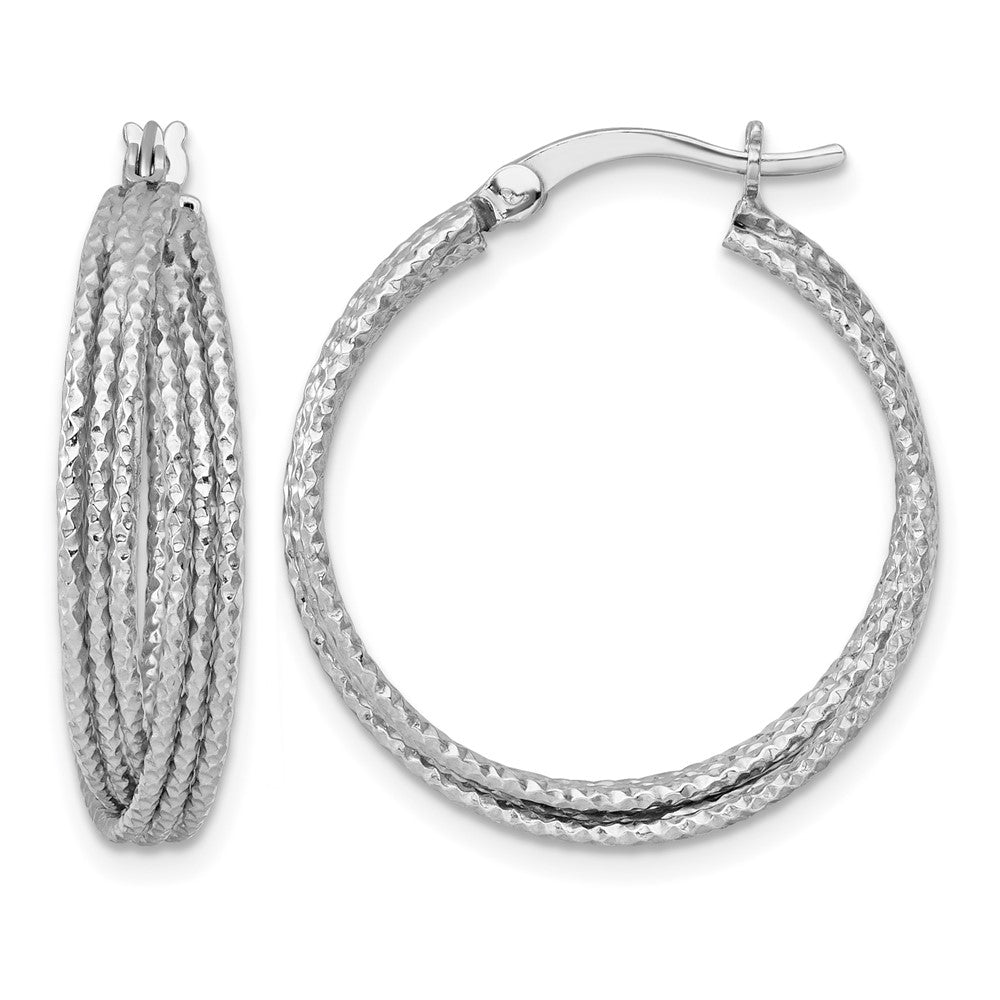 SS RH-plated Textured 25.0mm Crisscross Round Hoop Earrings