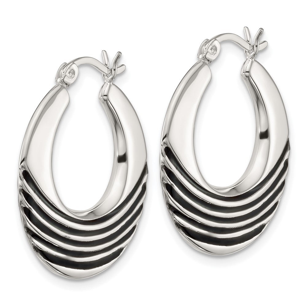 Sterling Silver Polished with Black Enamel Round Hoop Earrings