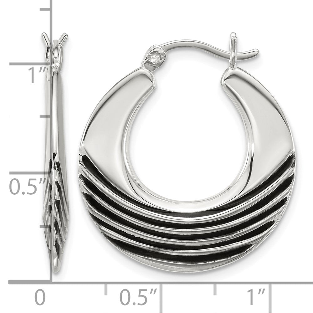 Sterling Silver Polished with Black Enamel Round Hoop Earrings