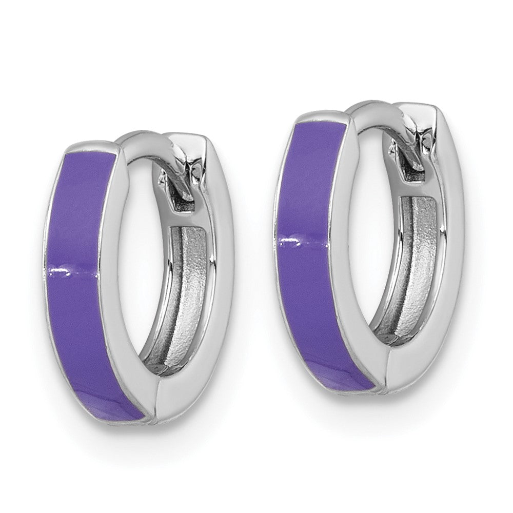 Sterling Silver RH-plated Purple Enameled Hinged Round Hoop Earrings