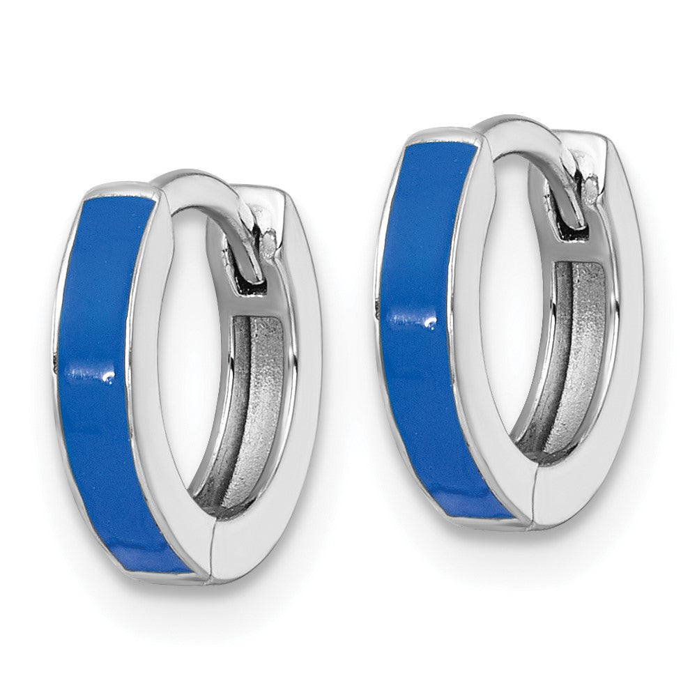 Sterling Silver RH-plated Blue Enameled Hinged Round Hoop Earrings
