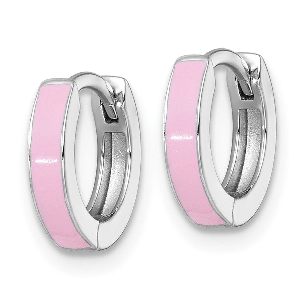 Sterling Silver RH-plated Pink Enameled Hinged Round Hoop Earrings