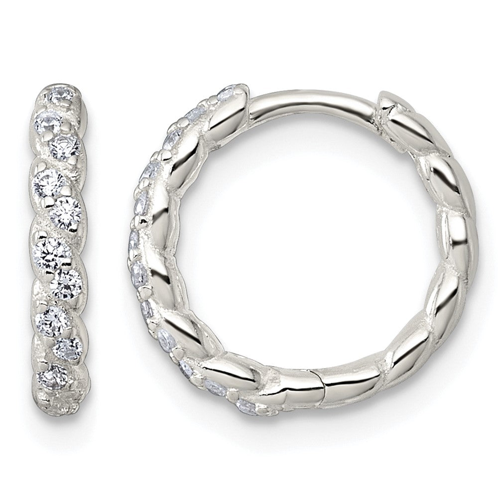Sterling Silver Polished and Twisted 2.2mm CZ Hinged Round Hoop Earrings
