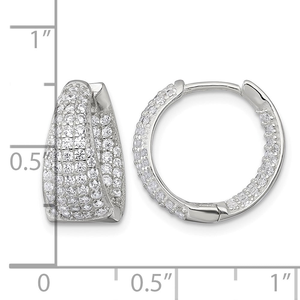 Sterling Silver Polished Tapered In and Out CZ Hinged Round Hoop Earrings