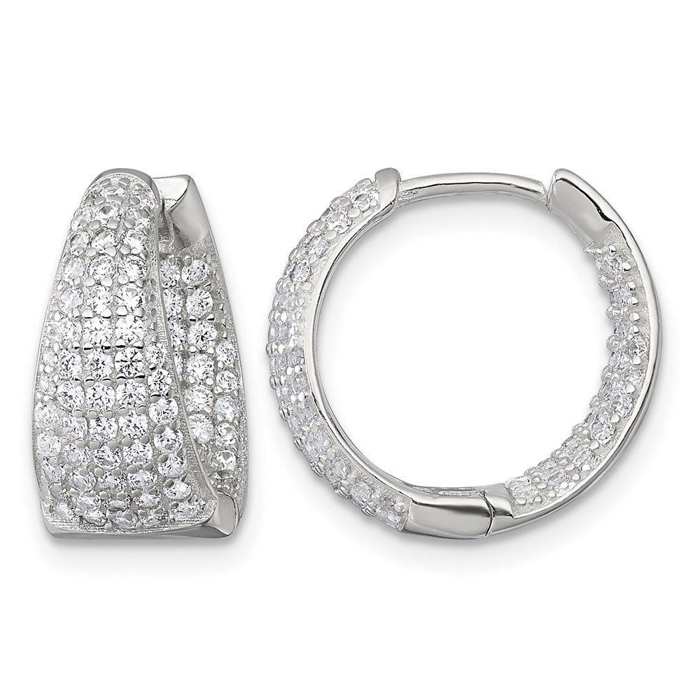 Sterling Silver Polished Tapered In and Out CZ Hinged Round Hoop Earrings