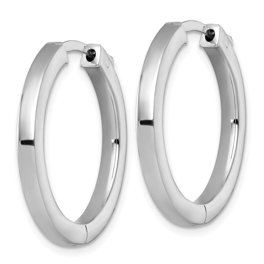 SS Rhod-plated Polish 3x28mm Hinged Square Tube w/Safety Lock Hoop Earrings