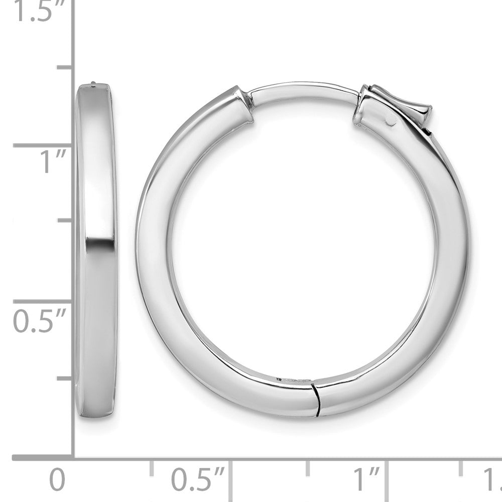 SS Rhod-plated Polish 3x28mm Hinged Square Tube w/Safety Lock Hoop Earrings