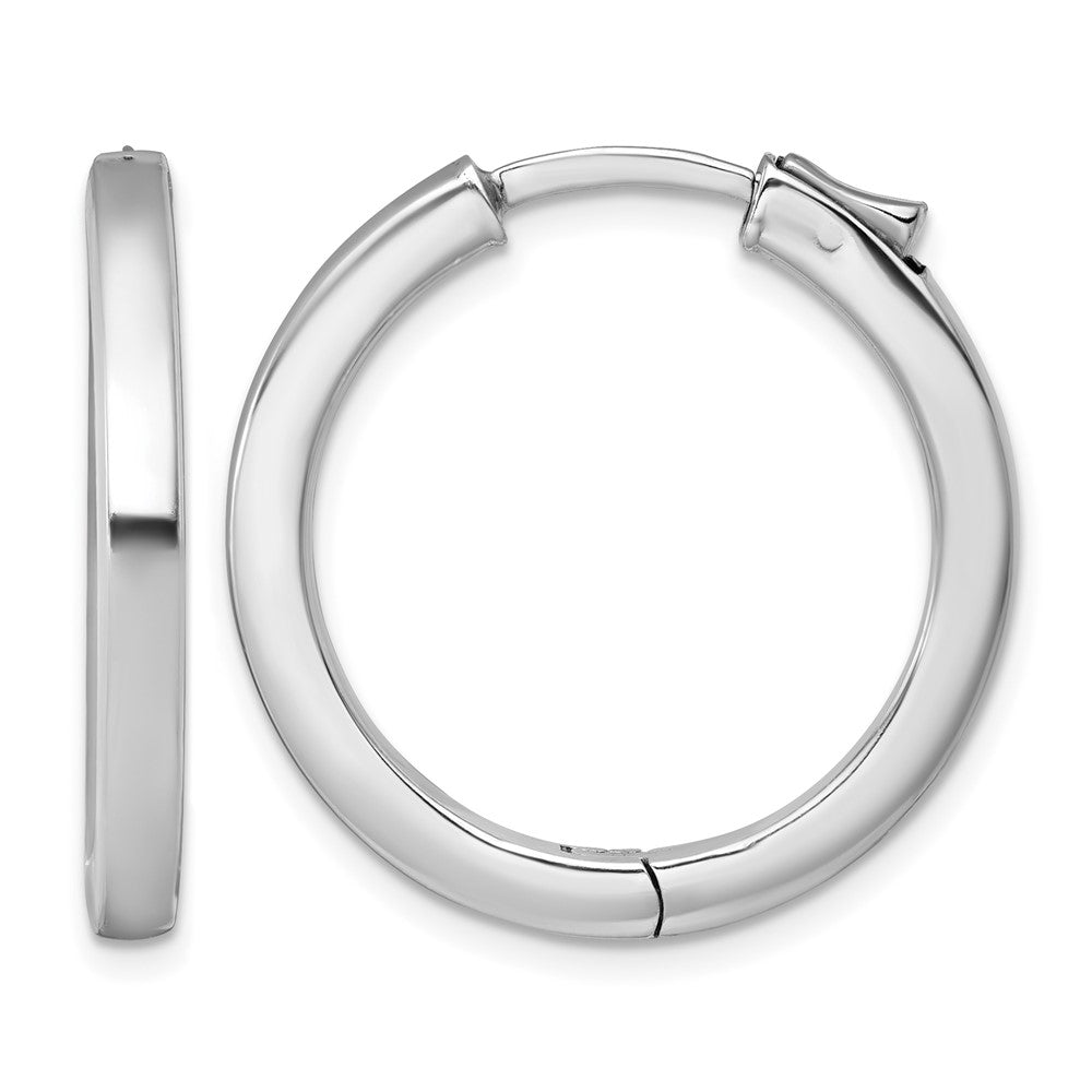 SS Rhod-plated Polish 3x28mm Hinged Square Tube w/Safety Lock Hoop Earrings