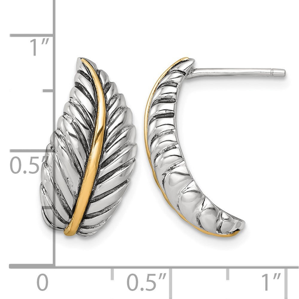 Sterling Silver Antiqued w/14k Accent Polished Feather Post Earrings