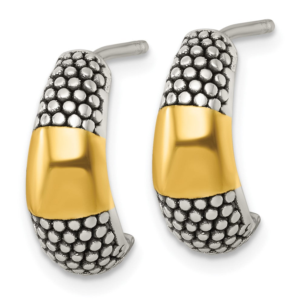 Sterling Silver and Gold-tone Antiqued Polished Post J-Hoop Earrings
