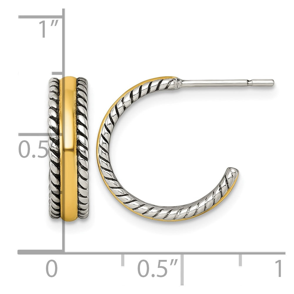 Sterling Silver and Gold-tone Antiqued Textured Post C-Hoop Earrings
