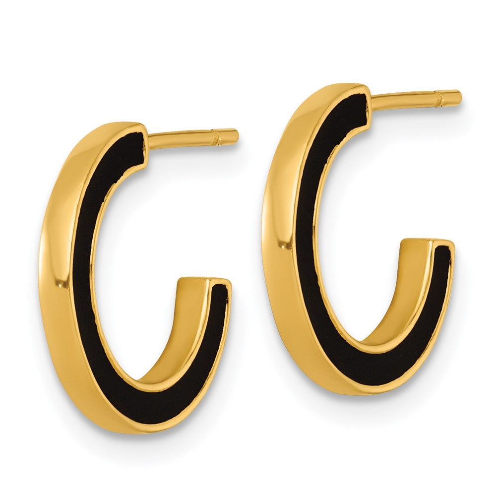 SS Gold-tone Polished Black Enamel 15x2mm Post C-Hoop Earrings