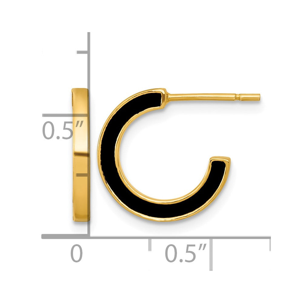 SS Gold-tone Polished Black Enamel 15x2mm Post C-Hoop Earrings