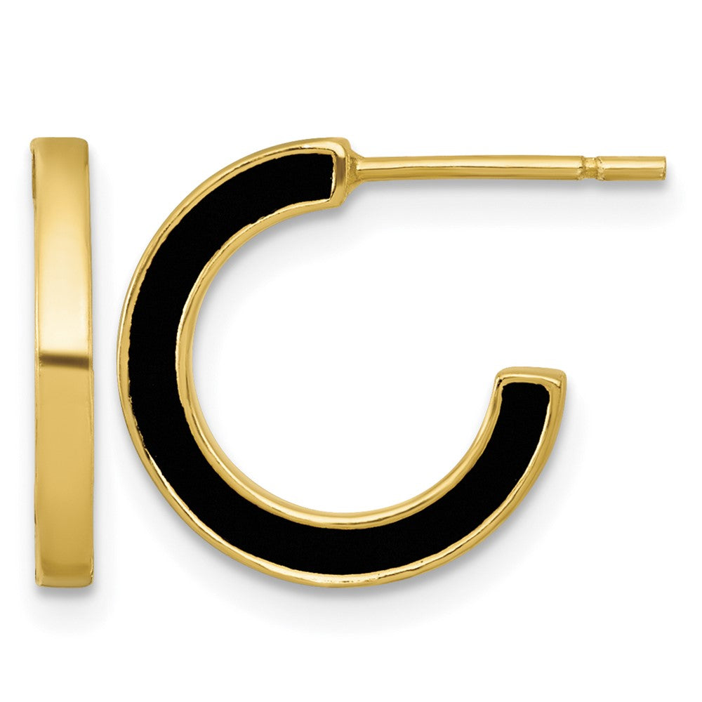 SS Gold-tone Polished Black Enamel 15x2mm Post C-Hoop Earrings