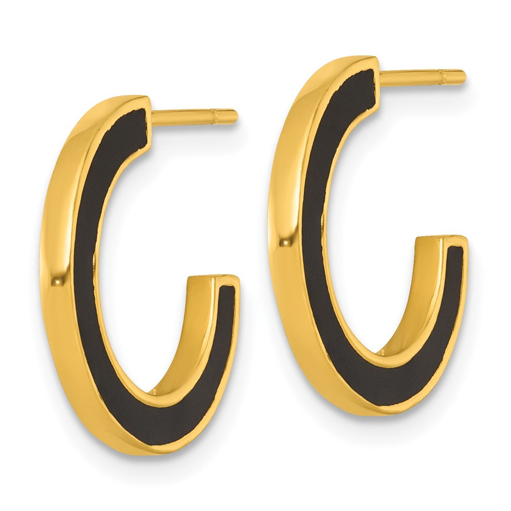 SS Gold-tone Polished Black Enamel 18x2mm Post C-Hoop Earrings