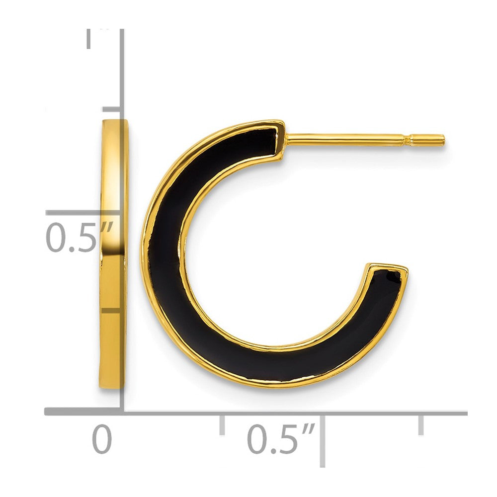 SS Gold-tone Polished Black Enamel 18x2mm Post C-Hoop Earrings