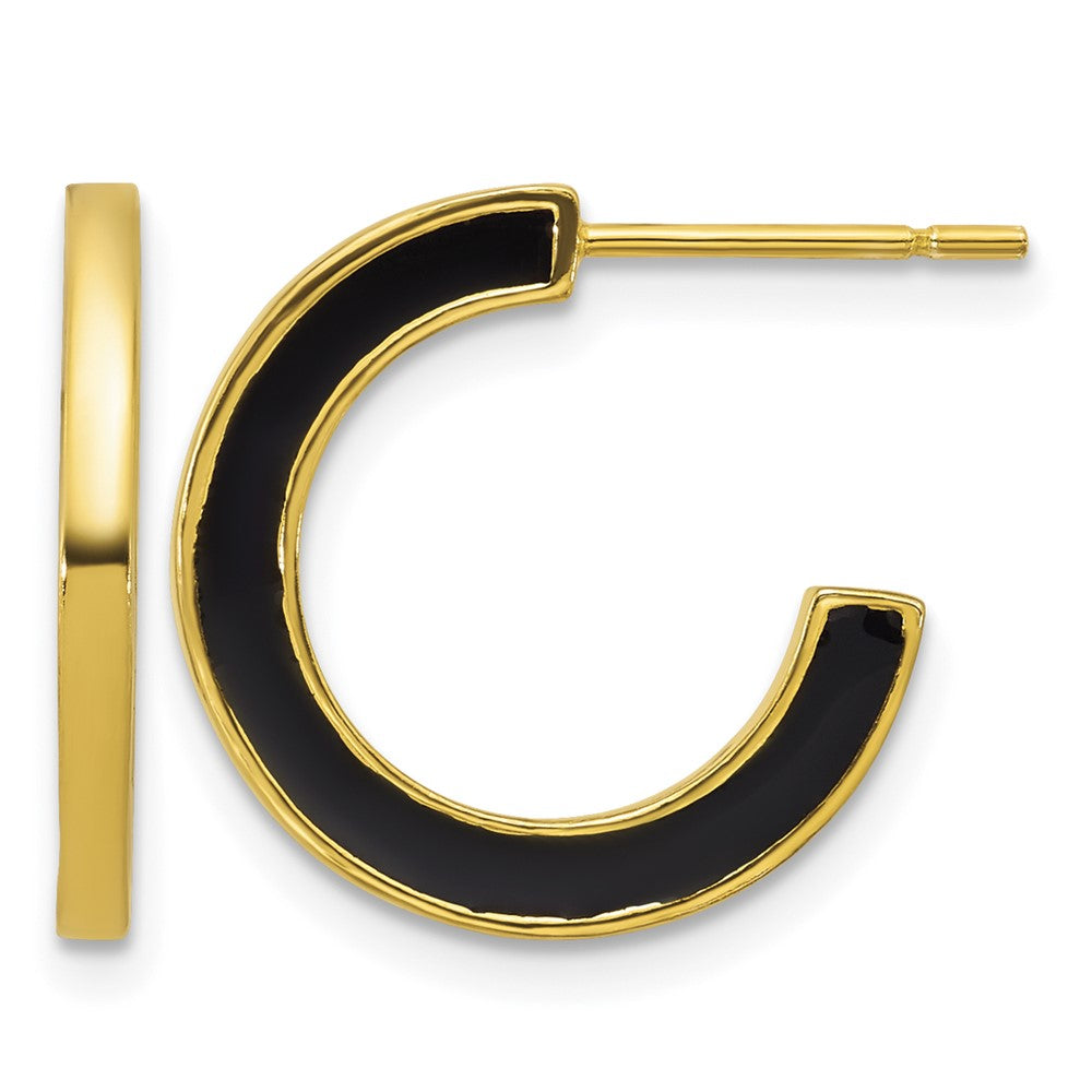 SS Gold-tone Polished Black Enamel 18x2mm Post C-Hoop Earrings
