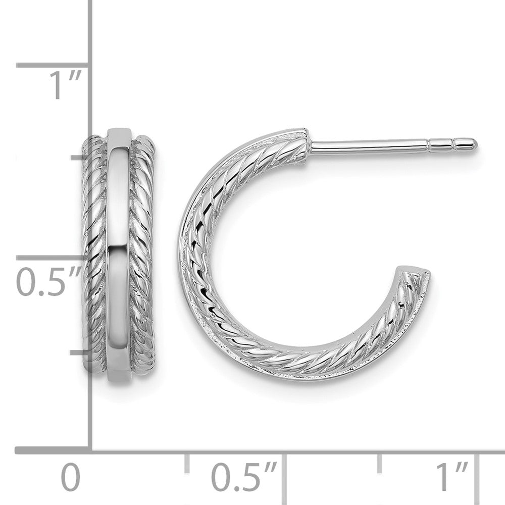 Sterling Silver Rhodium-plated Grooved J-Hoop Post Earrings