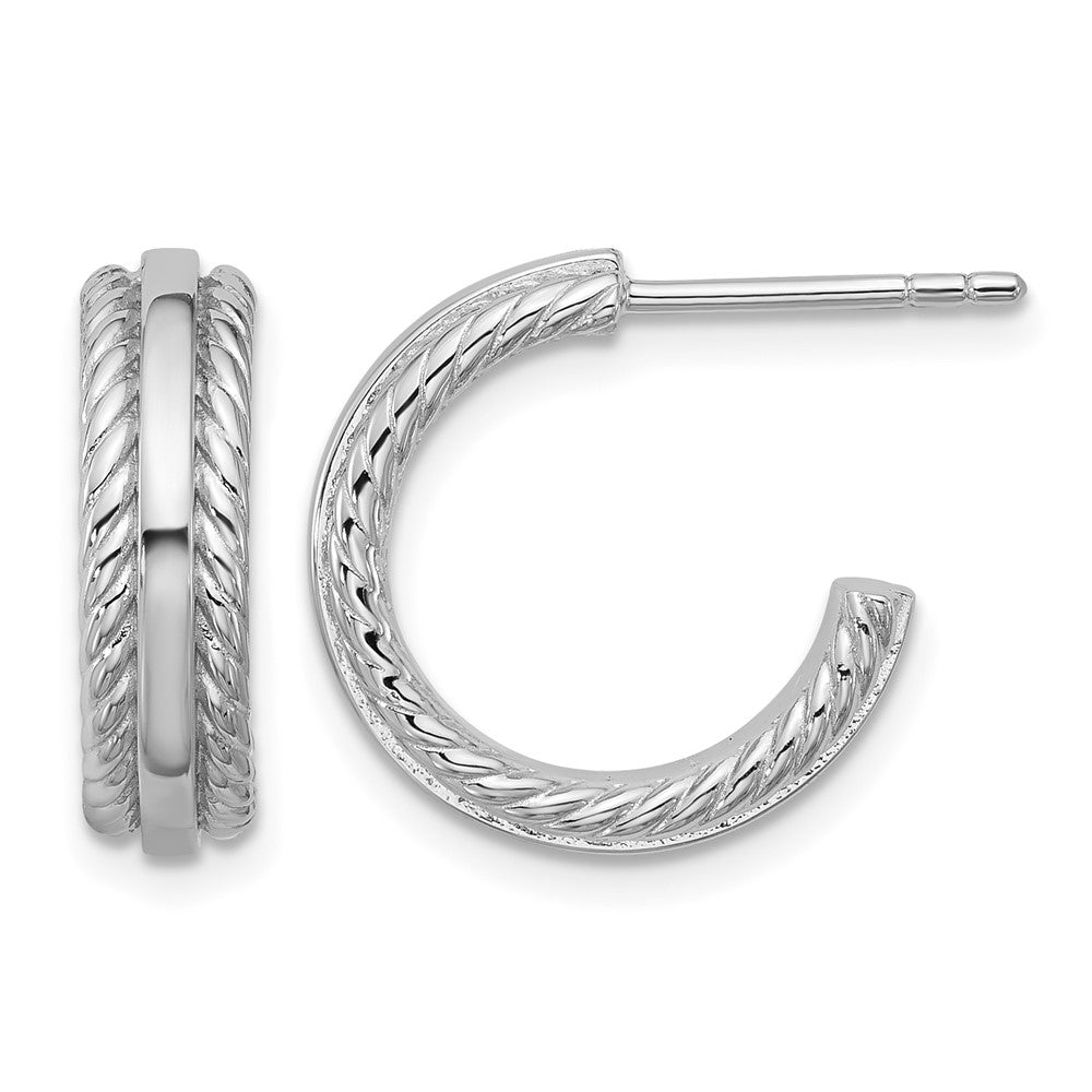 Sterling Silver Rhodium-plated Grooved J-Hoop Post Earrings