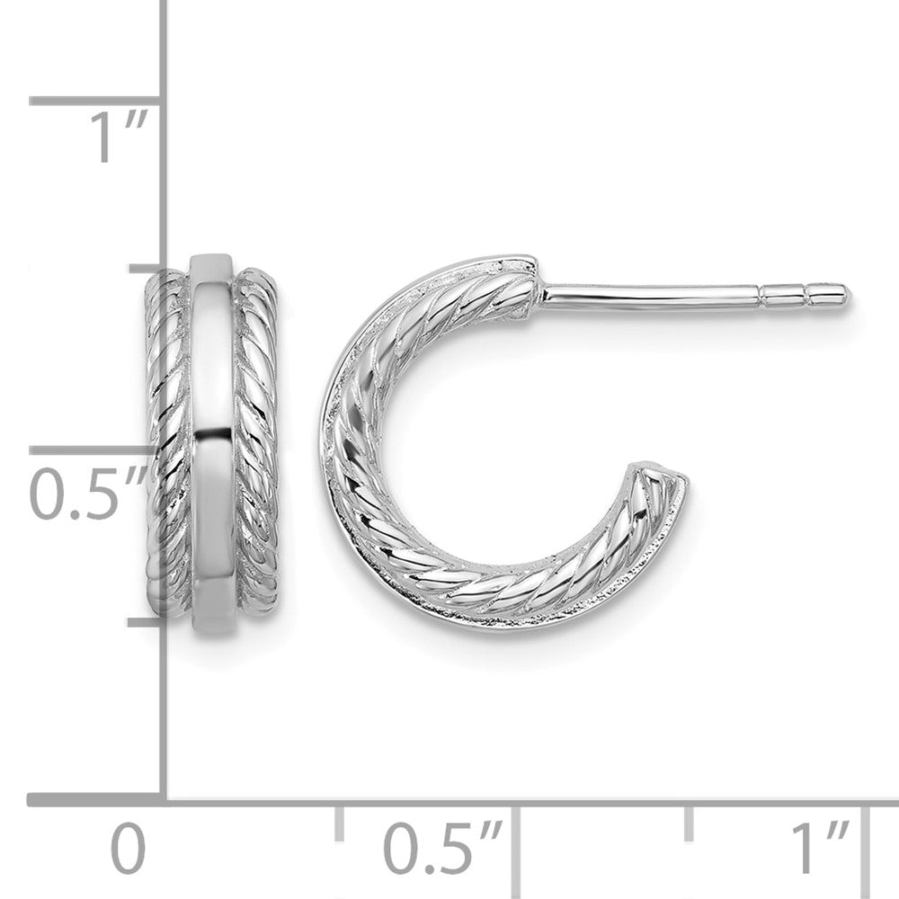 Sterling Silver Rhodium-plated Grooved J-Hoop Post Earrings