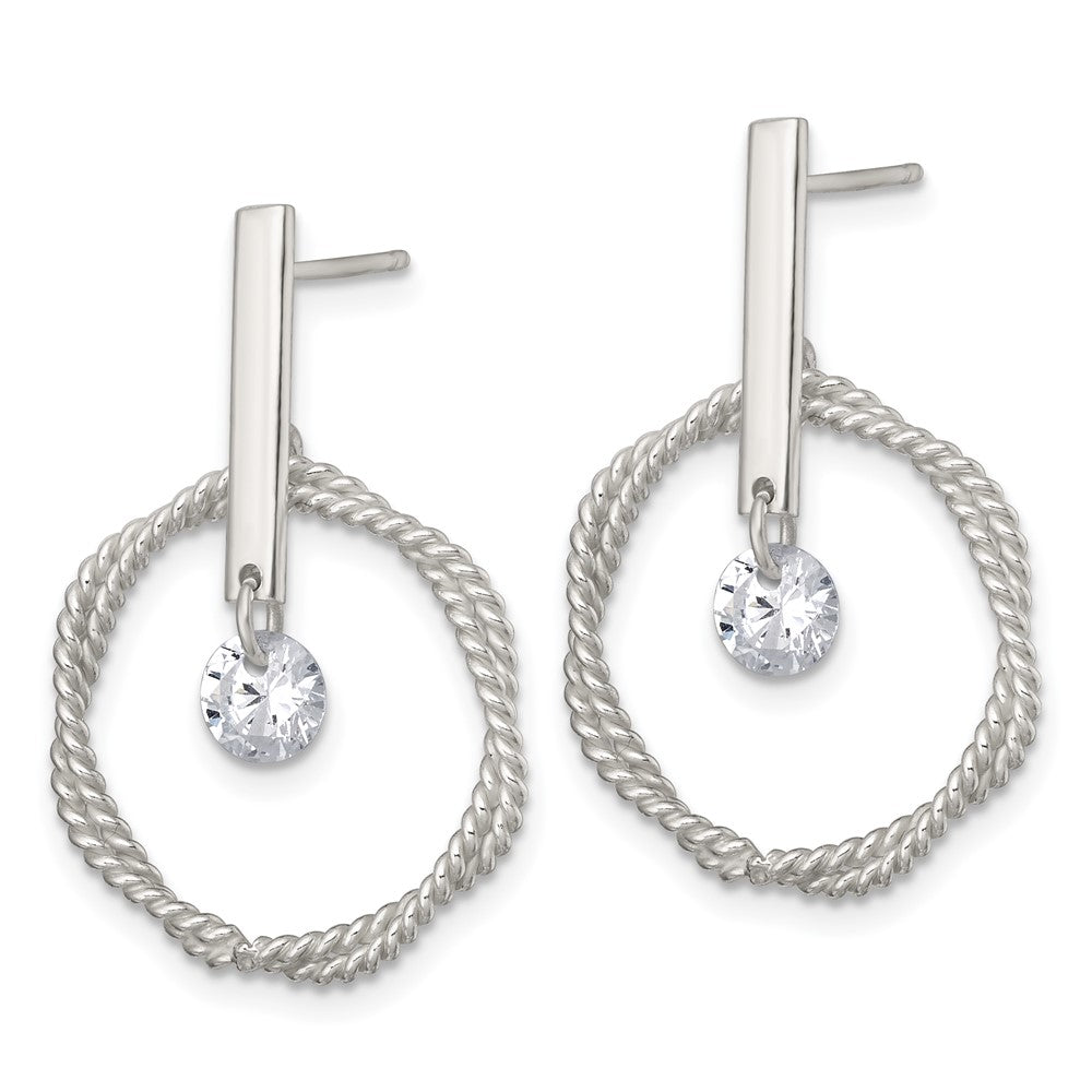 Sterling Silver Polished and Twisted CZ Circle Post Dangle Earrings