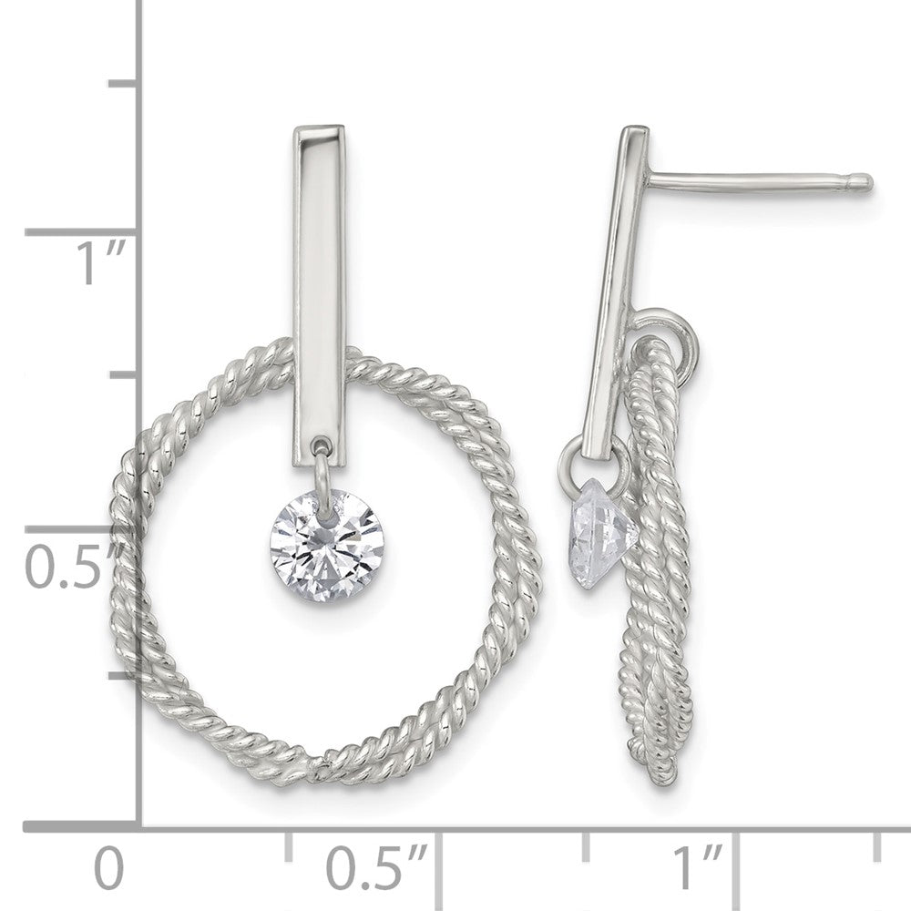 Sterling Silver Polished and Twisted CZ Circle Post Dangle Earrings