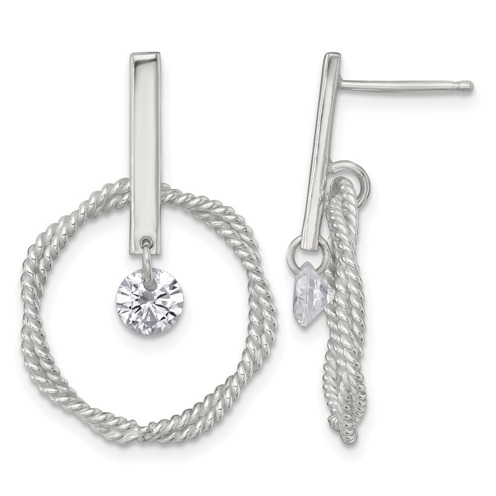 Sterling Silver Polished and Twisted CZ Circle Post Dangle Earrings