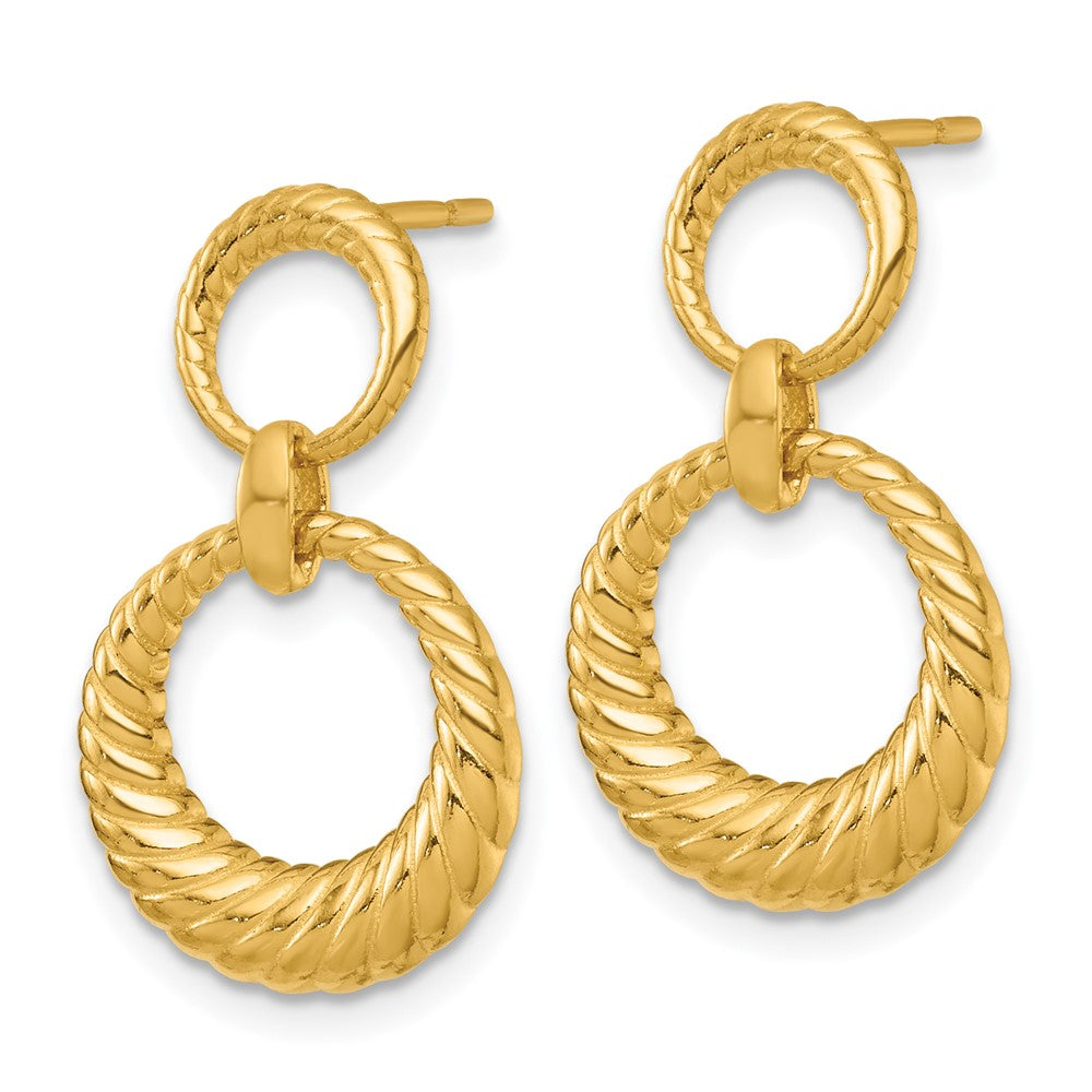 SS Gold-tone Polished and Grooved Double Circle Post Dangle Earrings