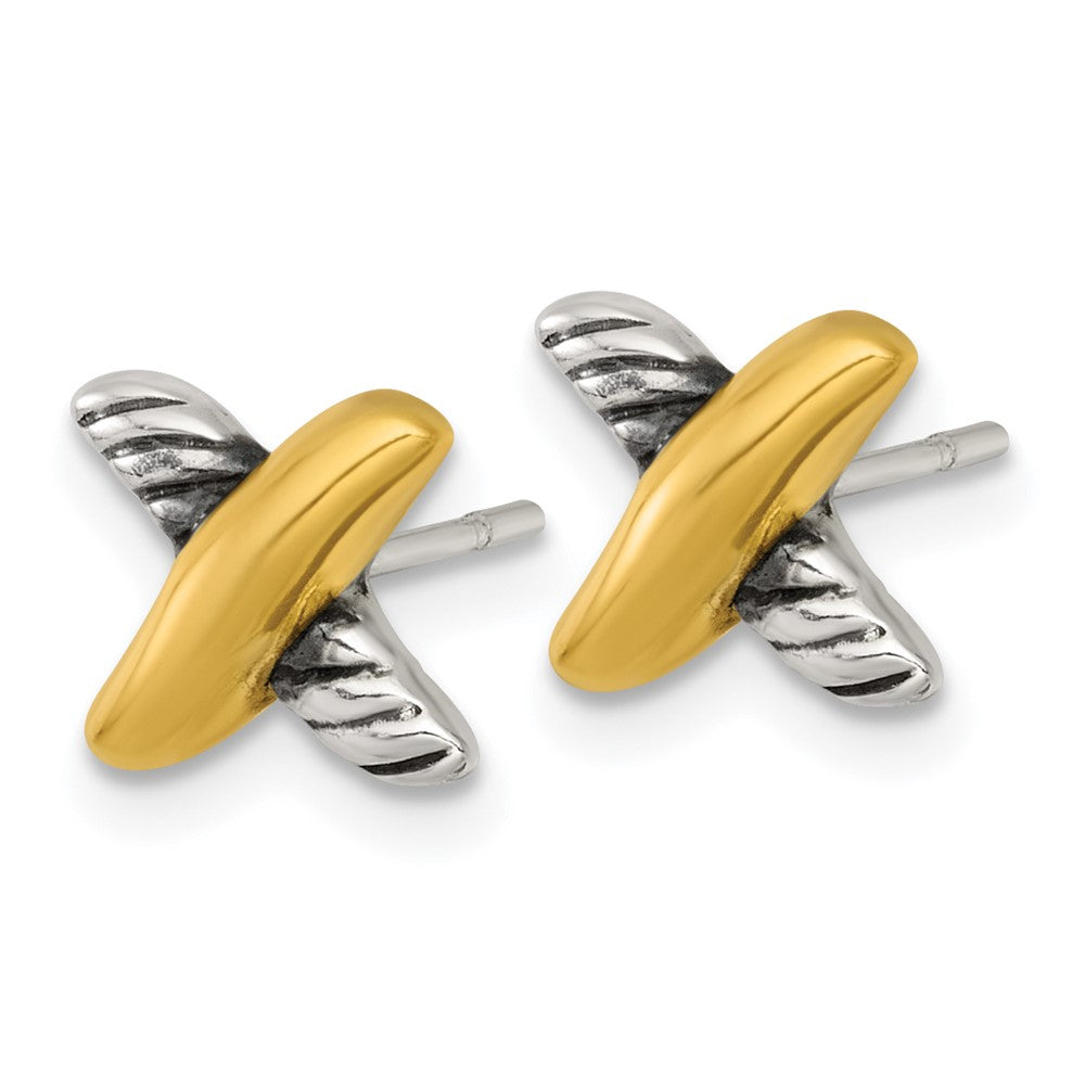 Sterling Silver and Gold-tone Antiqued Polished X Post Earrings