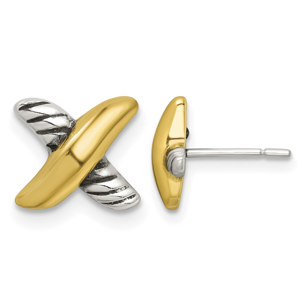 Sterling Silver and Gold-tone Antiqued Polished X Post Earrings