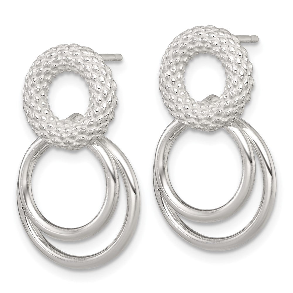 Sterling Silver Polished and Textured Double Circle Post Dangle Earrings
