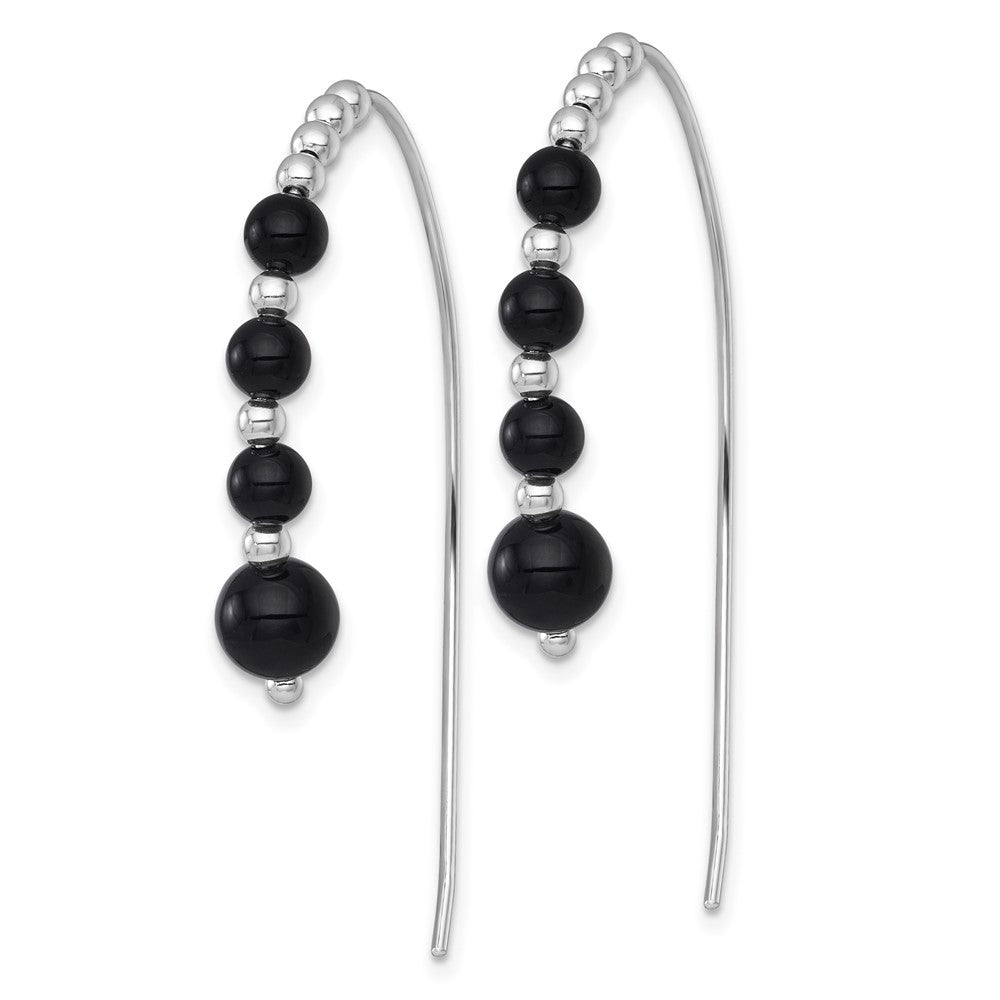Sterling Silver RH-plated Polished Onyx Beaded Threader Earrings