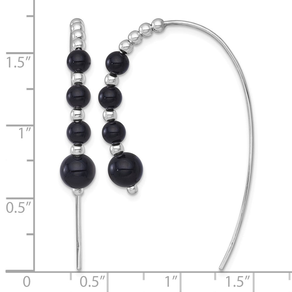 Sterling Silver RH-plated Polished Onyx Beaded Threader Earrings