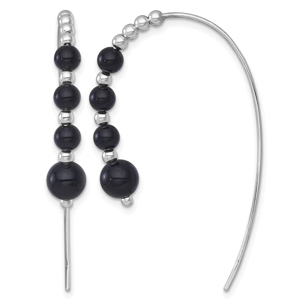 Sterling Silver RH-plated Polished Onyx Beaded Threader Earrings