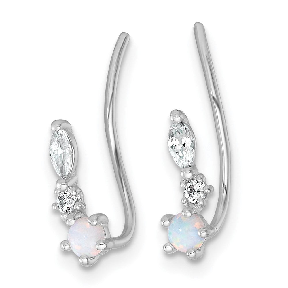 Sterling Silver Rhodium-plated Polished CZ and Cr. Opal Ear Climbers