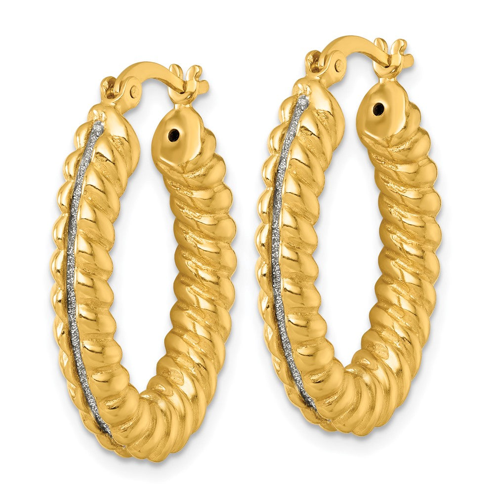 SS Gold-tone Polished and Twisted Glitter Oval Hoop Earrings