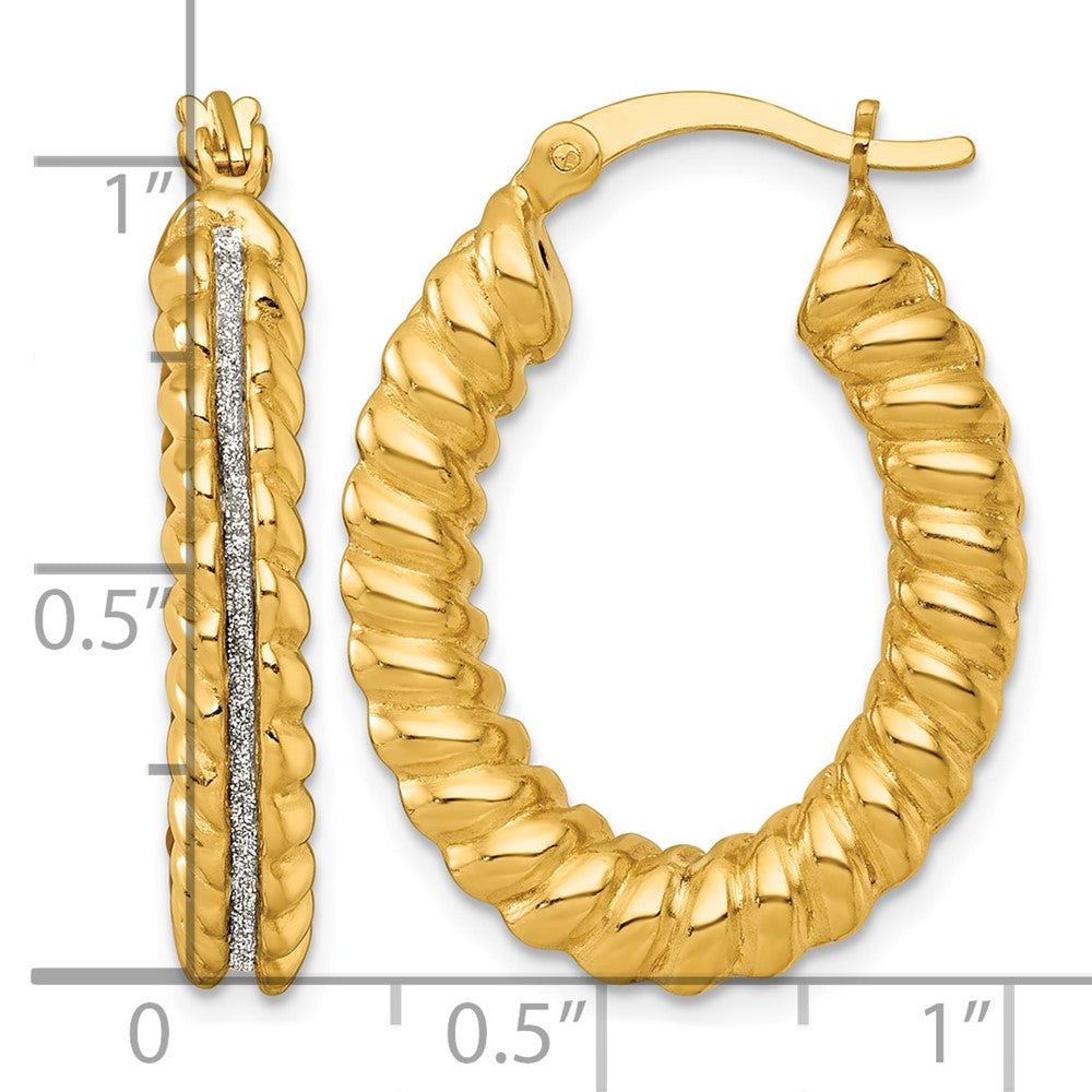 SS Gold-tone Polished and Twisted Glitter Oval Hoop Earrings