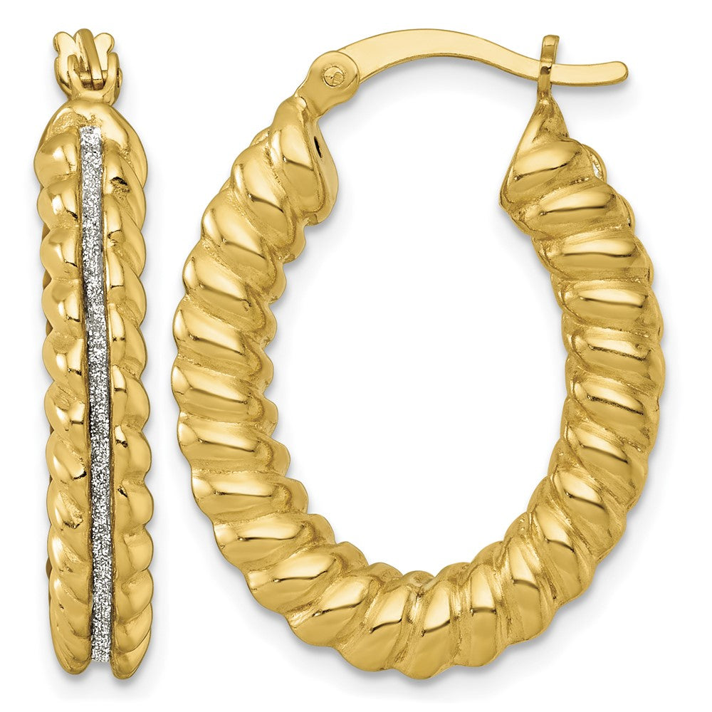 SS Gold-tone Polished and Twisted Glitter Oval Hoop Earrings