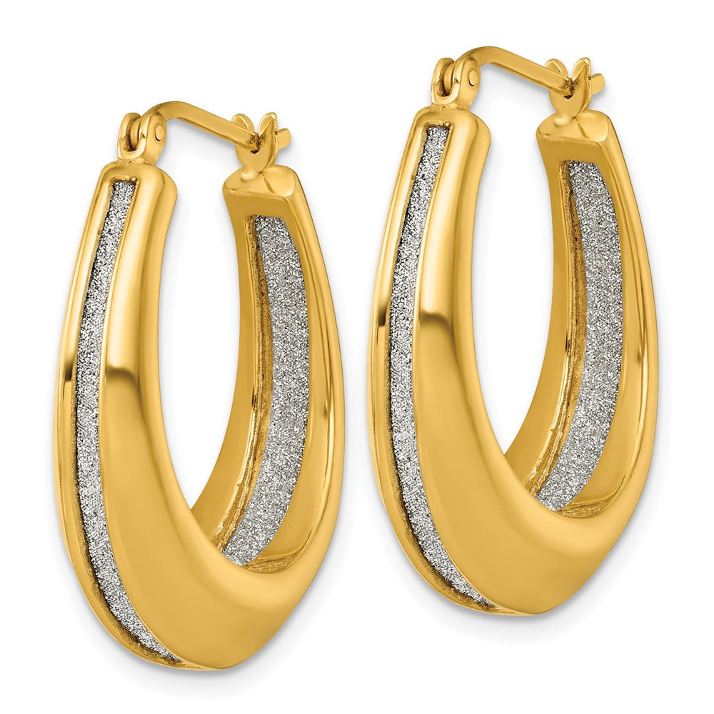 SS Gold-tone Polished and Twisted Glitter In/Out Oval Hoop Earrings