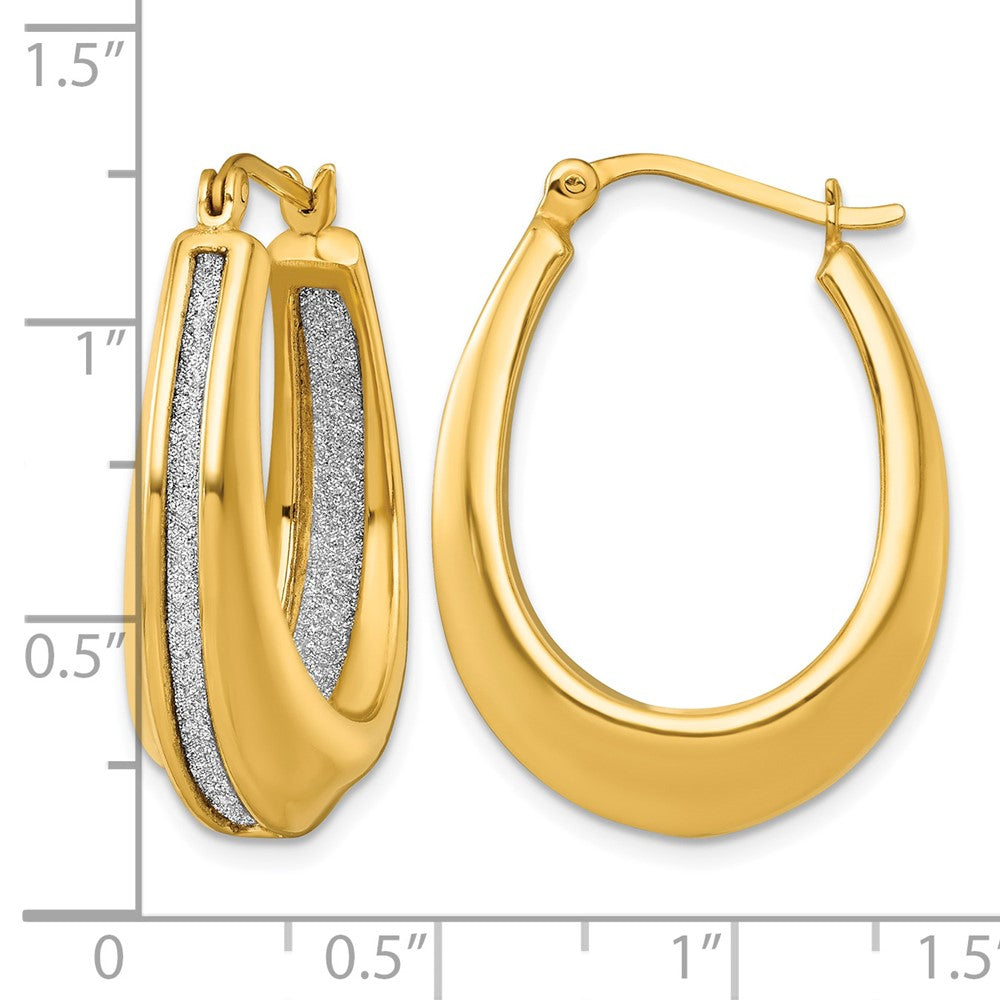 SS Gold-tone Polished and Twisted Glitter In/Out Oval Hoop Earrings