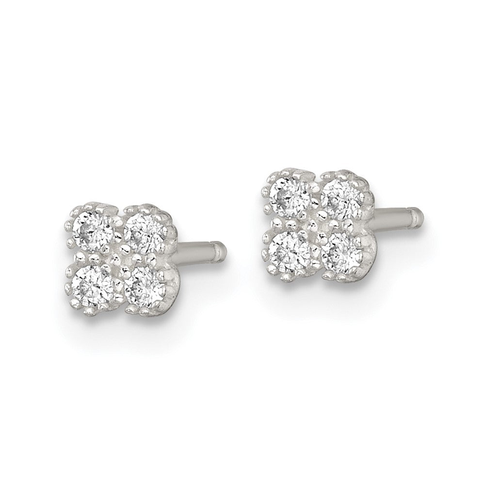 Sterling Silver Polished Textured CZ Quatrefoil Post Earrings