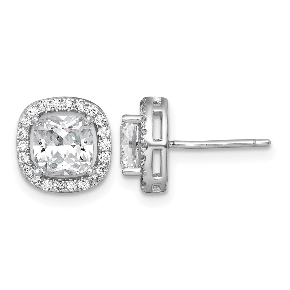 Sterling Silver Rh-pltd Polished 10mm Cushion Halo CZ Post Earrings