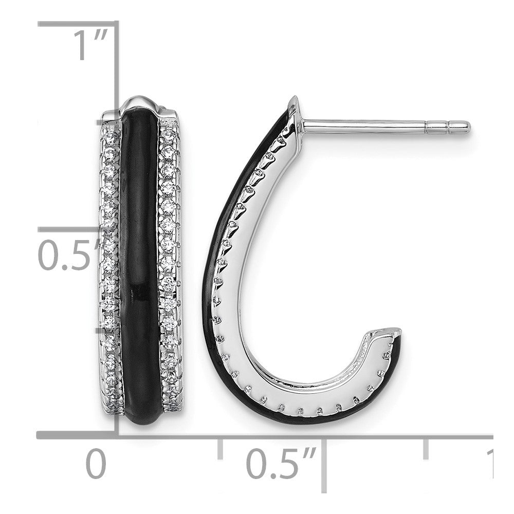 Sterling Silver Rhodium-plated CZ Black Enamel Post J-Hoop Earrings