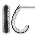 Sterling Silver Rhodium-plated CZ Black Enamel Post J-Hoop Earrings
