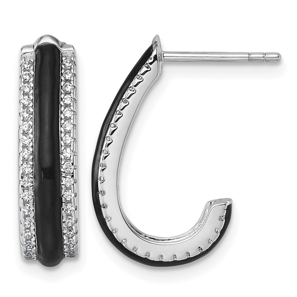 Sterling Silver Rhodium-plated CZ Black Enamel Post J-Hoop Earrings