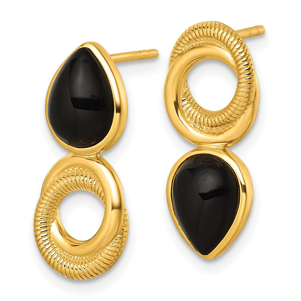 Sterling Silver Gold-tone Black Agate Circle Teardrop Post Earrings