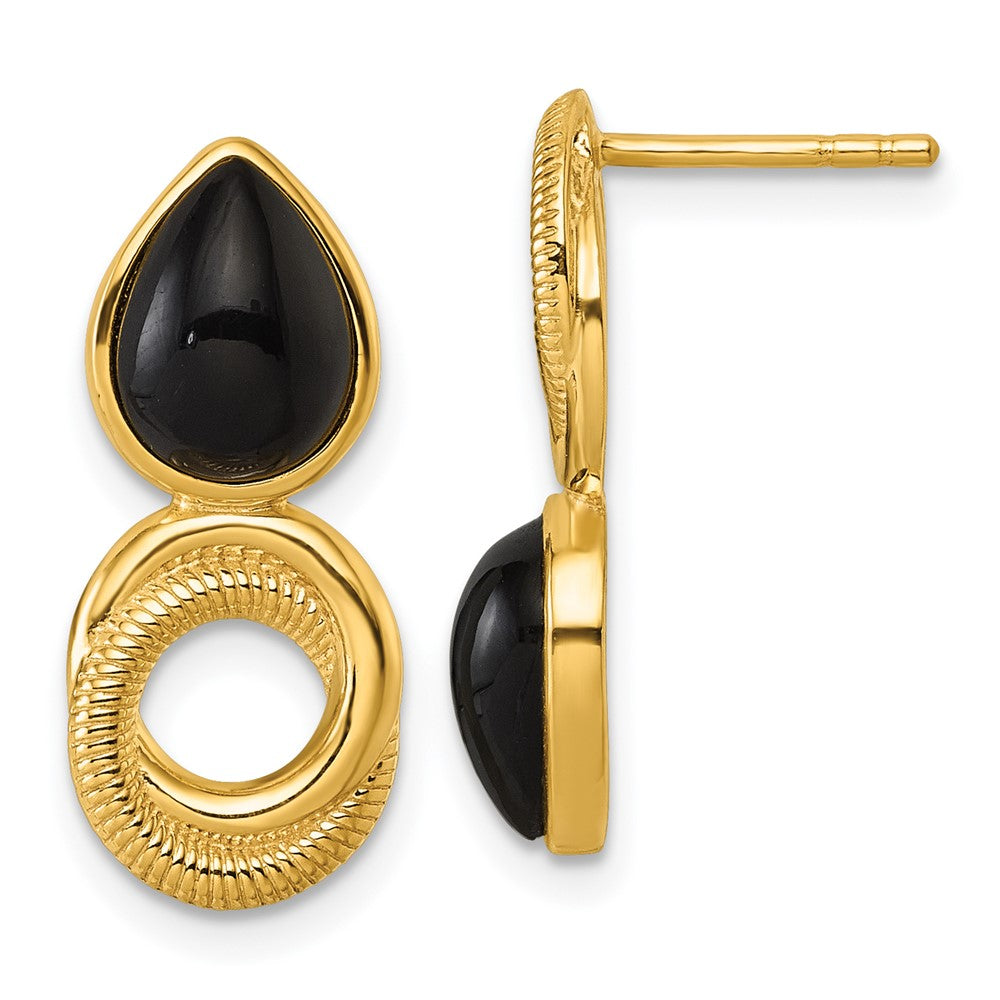 Sterling Silver Gold-tone Black Agate Circle Teardrop Post Earrings