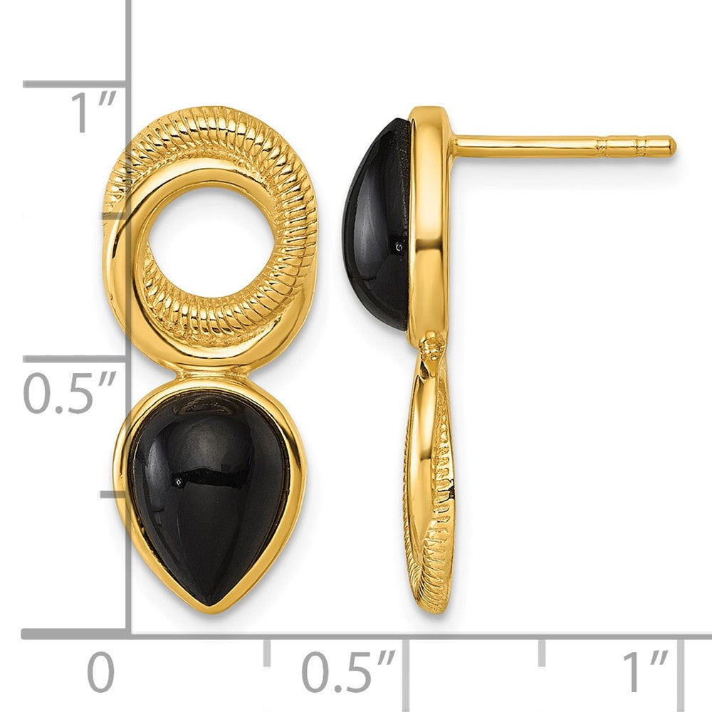Sterling Silver Gold-tone Black Agate Circle Teardrop Post Earrings